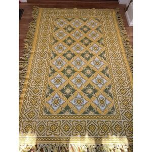 Vintage MCM Reversible Green Yellow Ethic Boho Twin Coverlet Tassels Bedspread